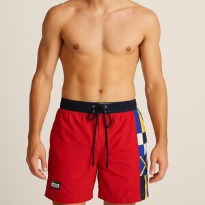 Vintage Ralph Lauren Chaps red swim trunks with navy blue, yellow, and white